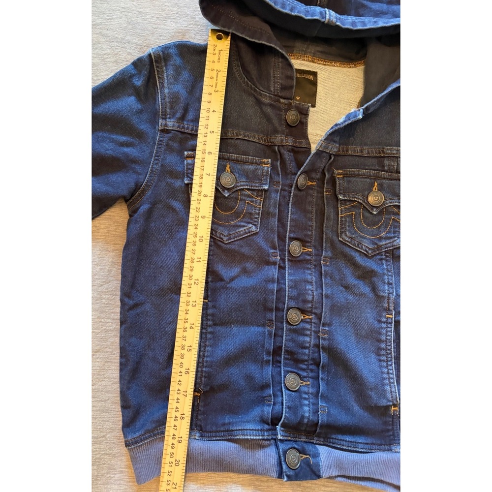 True Religion Denim Hoodie Jacket Dark Wash Contrast Stitch Button Front Womens - Picture 3 of 9